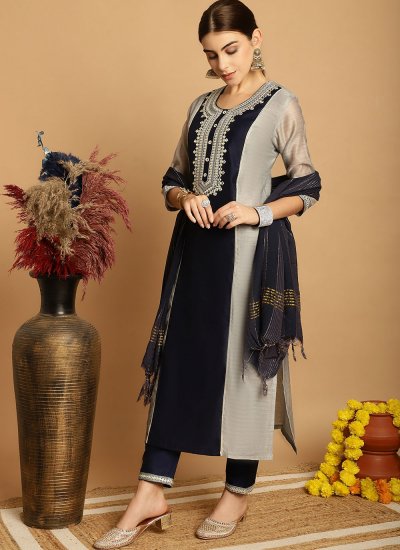 Fascinating Embroidered Black and Grey Chanderi Pant Style Suit