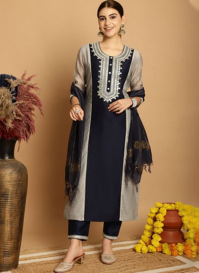 Fascinating Embroidered Black and Grey Chanderi Pant Style Suit