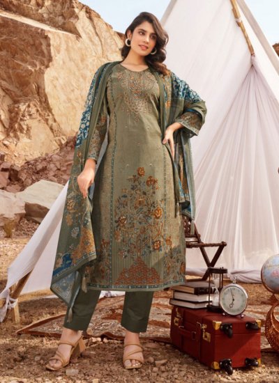 Fascinating Embroidered Cotton Lawn Green Salwar Suit