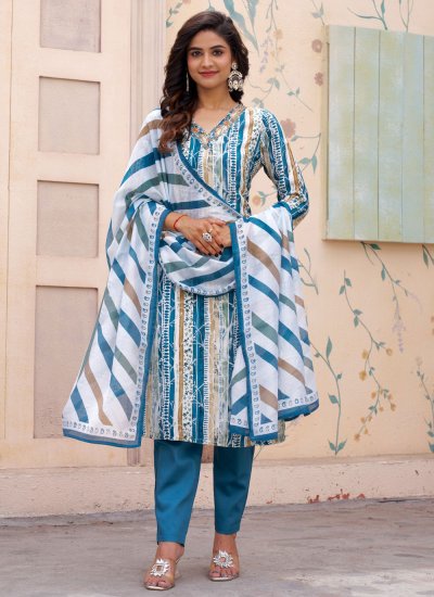 Fashionable Embroidered Muslin Blue Trendy Salwar Kameez