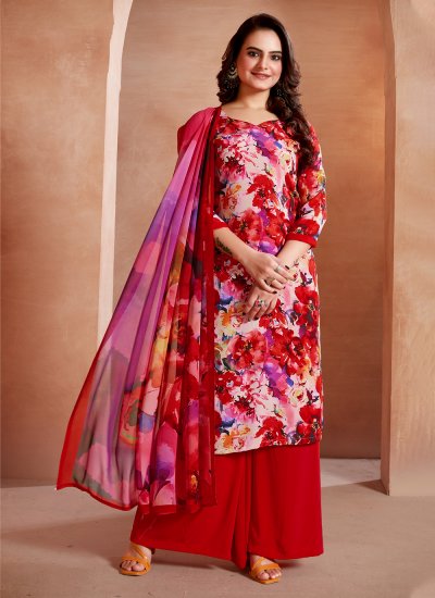 Faux Crepe Red Palazzo Salwar Suit