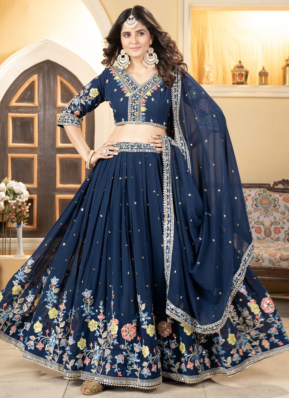 Faux Georgette Cord Navy Blue Lehenga Choli