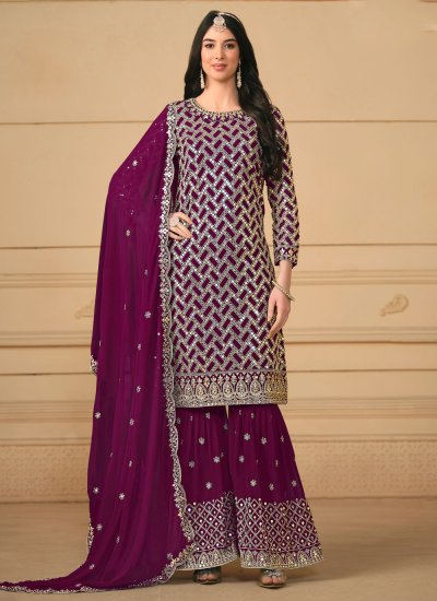 Faux Georgette Embroidered Designer Salwar Kameez in Purple