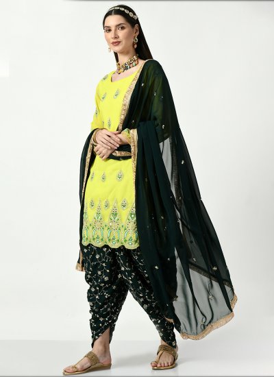 Faux Georgette Embroidered Patiala Salwar Kameez in Green