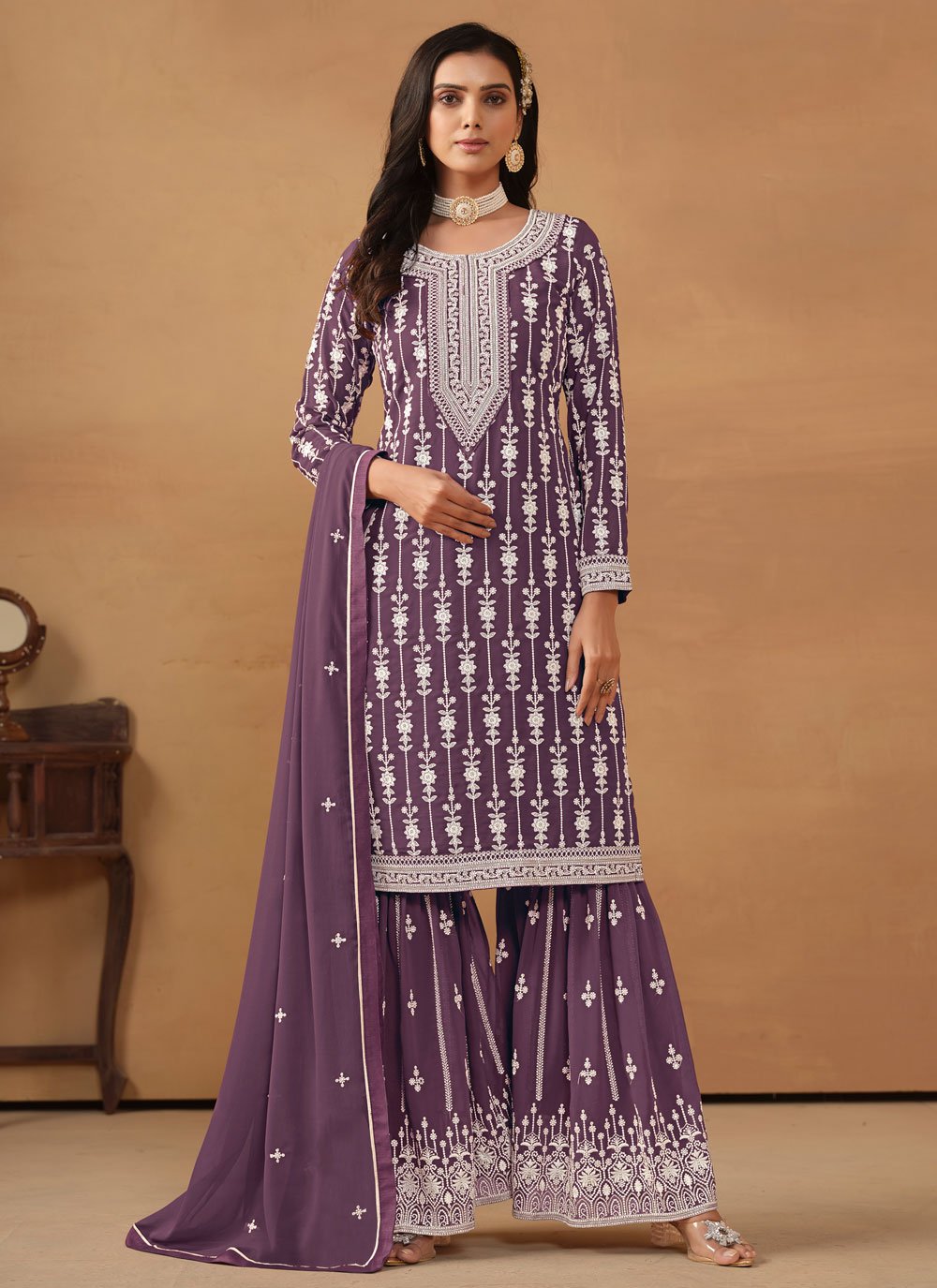 Faux Georgette Embroidered Purple Salwar Kameez -