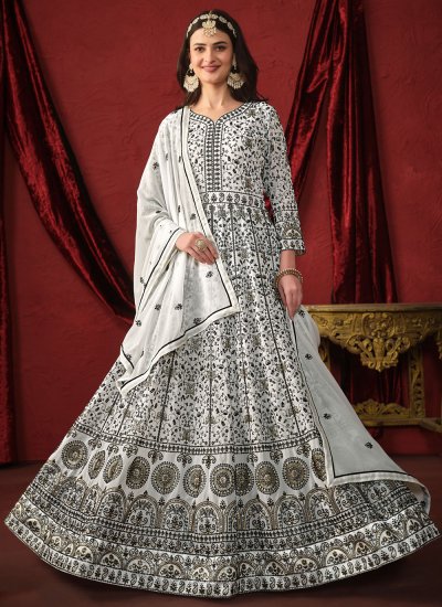 Faux Georgette Embroidered Trendy Floor Length Suit in White