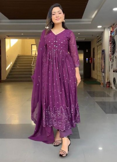 Faux Georgette Embroidered Trendy Salwar Kameez in Purple
