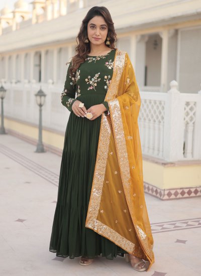 Faux Georgette Green Sequins Gown 