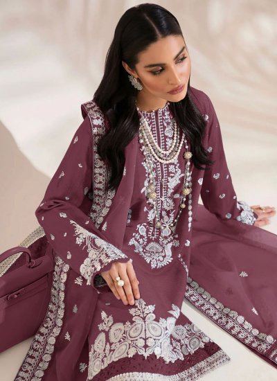 Faux Georgette Mauve  Embroidered Pakistani Suit