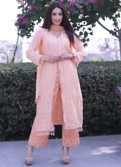 Faux Georgette Peach Embroidered Salwar Suit