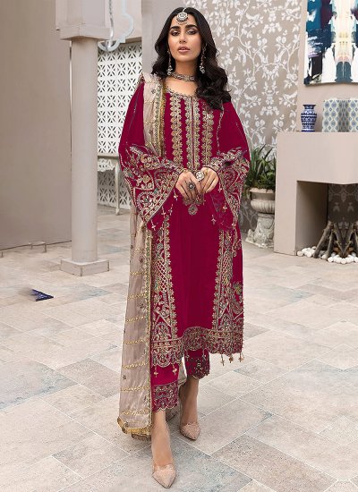 Faux Georgette Pink Embroidered Designer Salwar Suit