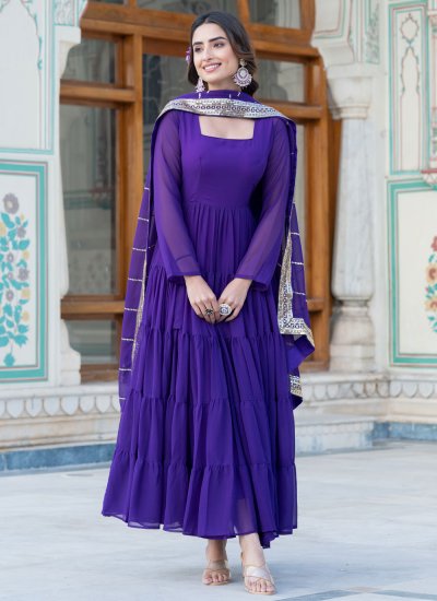 Faux Georgette Plain Purple Gown 