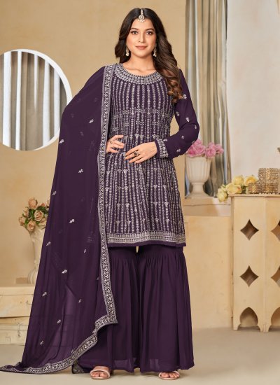 Faux Georgette Purple Embroidered Salwar Suit