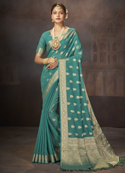 Faux Georgette Weaving Turquoise Trendy Saree