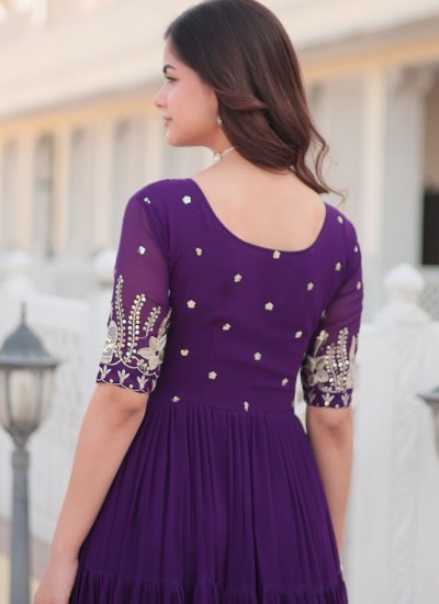 Faux Georgette Zari Purple Readymade Gown