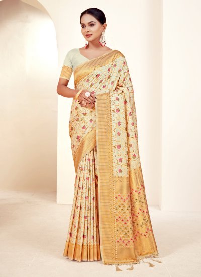 Festal Banarasi Silk Cream Woven Designer Traditional Saree