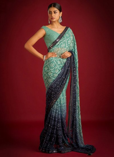 Festal Blue and Green Sequins Georgette Trendy Saree