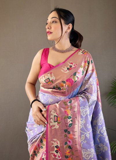 Festal Silk Lavender Weaving Designer Traditional Saree