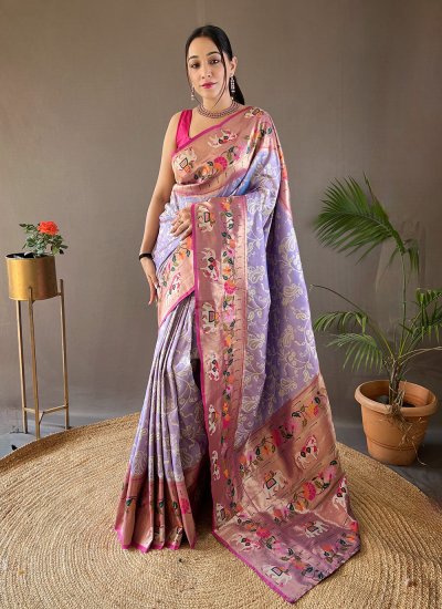 Festal Silk Lavender Weaving Designer Traditional Saree