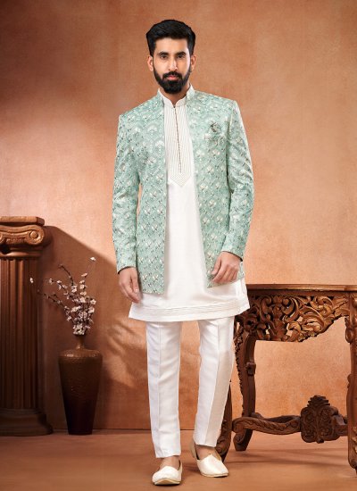 Firozi Embroidered Reception Jodhpuri Suit