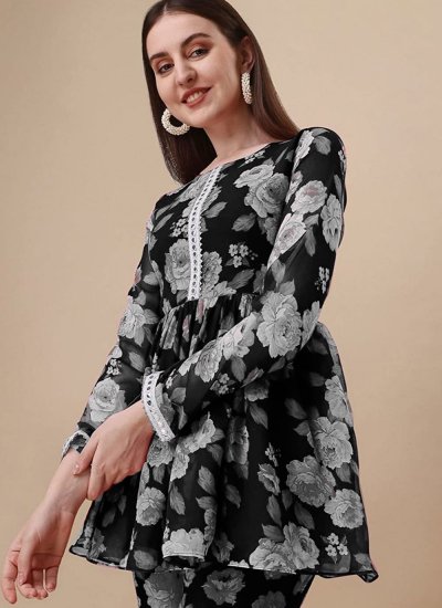 Flamboyant Black Floral Print Georgette Designer Kurti