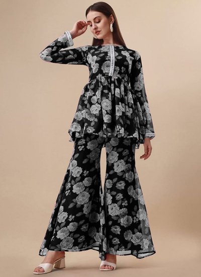 Flamboyant Black Floral Print Georgette Designer Kurti
