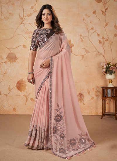 Flamboyant Embroidered Peach Satin Silk Contemporary Style Saree