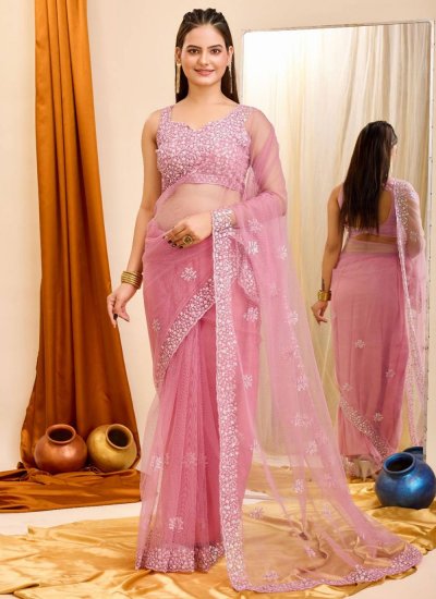 Flamboyant Net Cutwork Pink Contemporary Style Saree