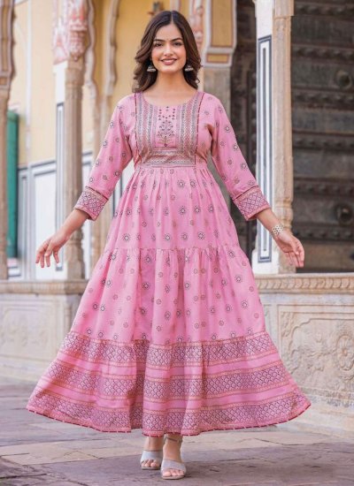 Flamboyant Pink Digital Print Rayon Designer Gown