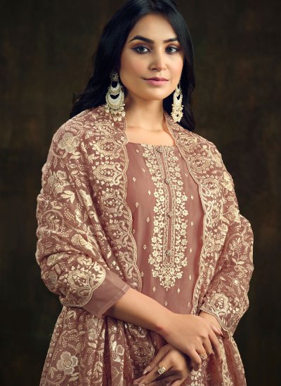 Flawless Brown Organza Trendy Salwar Suit