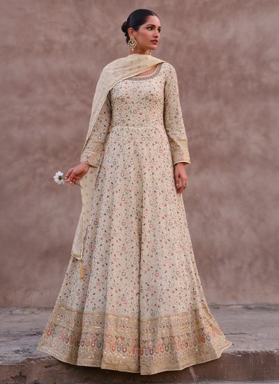 Floor Length Gown Embroidered Georgette in Cream