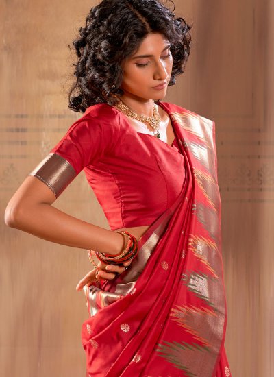 Floral Banarasi Silk Weaving Red Contemporary Saree