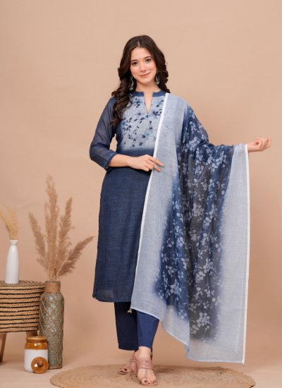 Floral Blue Cotton Readymade Suit