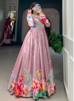Floral Print Tussar Silk Trendy Gown in Mauve 