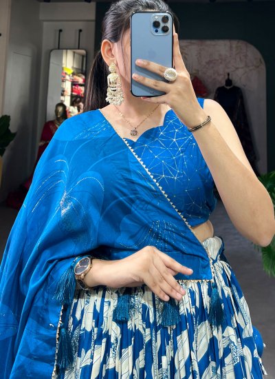 Floral Print Tussar Silk Trendy Lehenga Choli in Blue