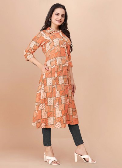 Foil Print Soft Cotton Designer Kurti in Orange
