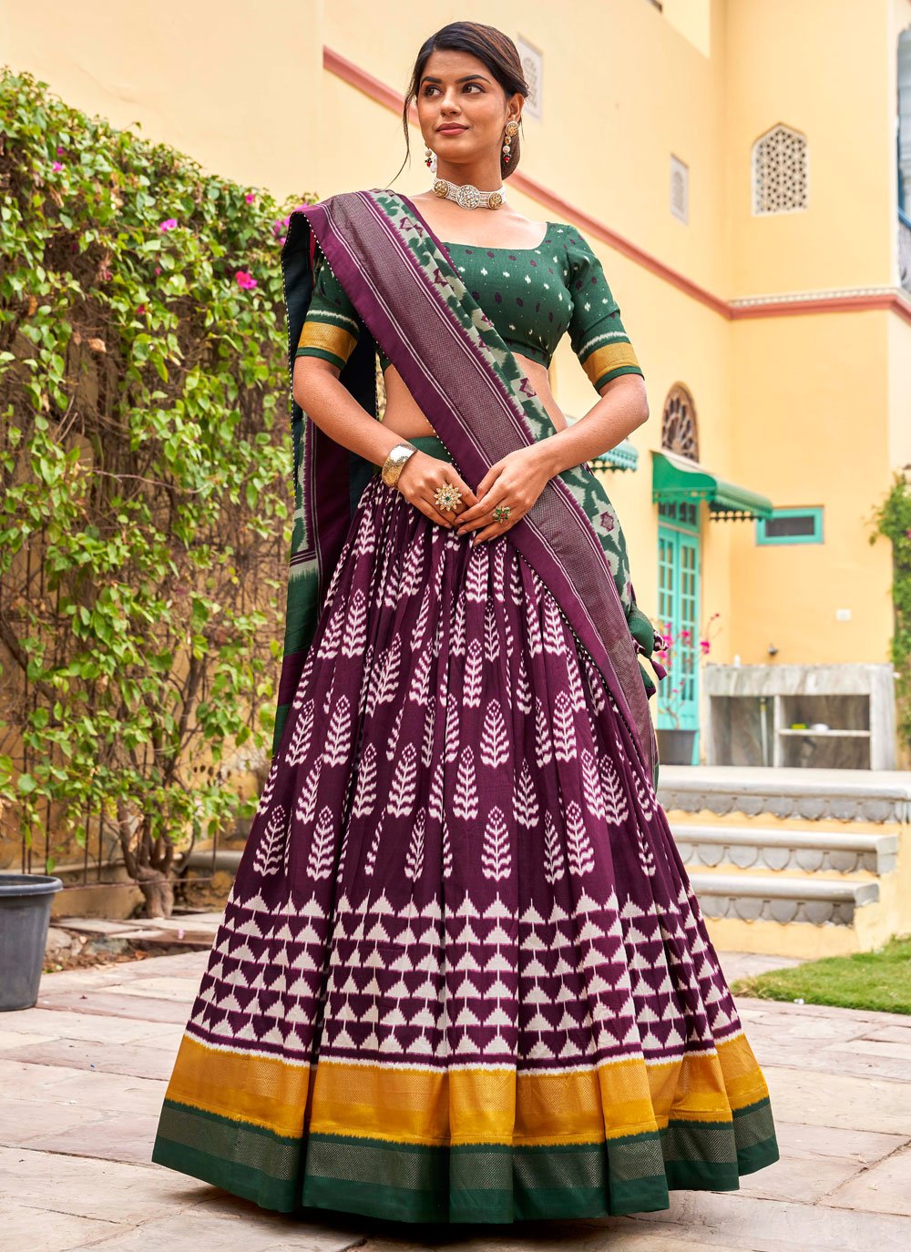 Maroon Tussar Silk Foil Print Lehenga Choli with Embroidered Dupatta