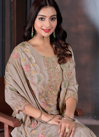 Genius Brown Embroidered Chinon Salwar Suit