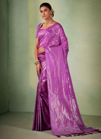 Genius Kanjivaram Silk Purple Woven Trendy Saree
