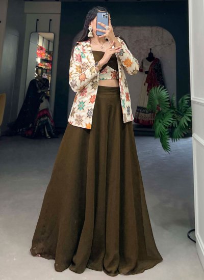 Georgette Brown Printed Jacket Style Salwar Kameez