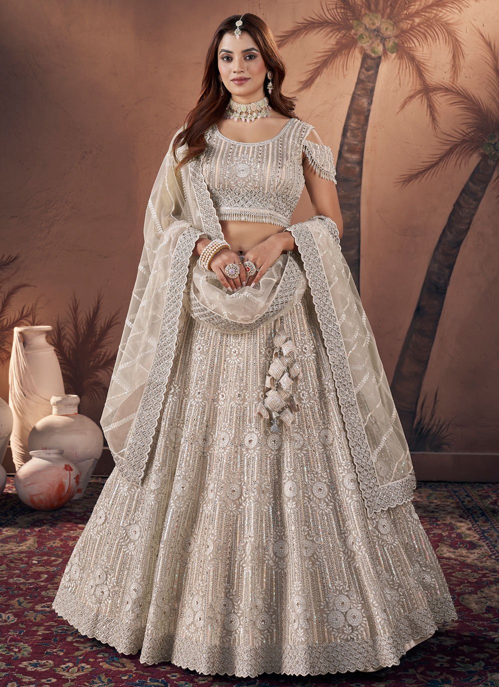 Georgette Embroidered A Line Lehenga Choli in Cream