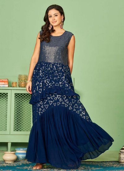 Georgette Embroidered Blue Trendy Gown