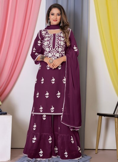 Georgette Embroidered Purple Salwar Kameez