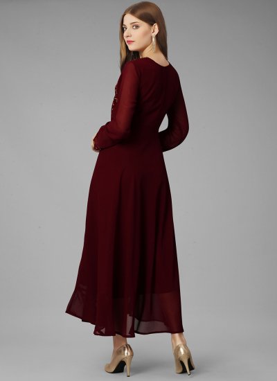 Georgette Embroidered Readymade Gown in Maroon