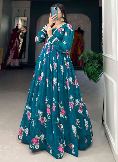 Georgette Floral Print Teal Trendy Gown