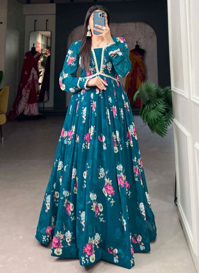 Georgette Floral Print Teal Trendy Gown