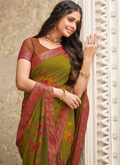 Georgette Green Printed Contemporary Saree