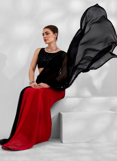 Georgette Plain Trendy Saree in Black and Red