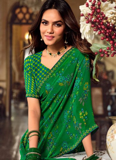 Georgette Printed Saree in Green