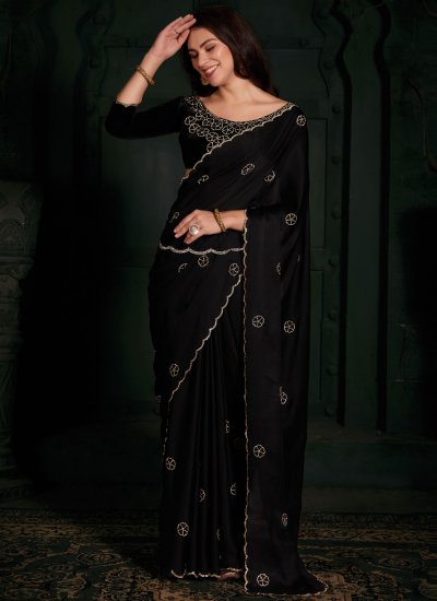 Georgette Satin Trendy Saree in Black